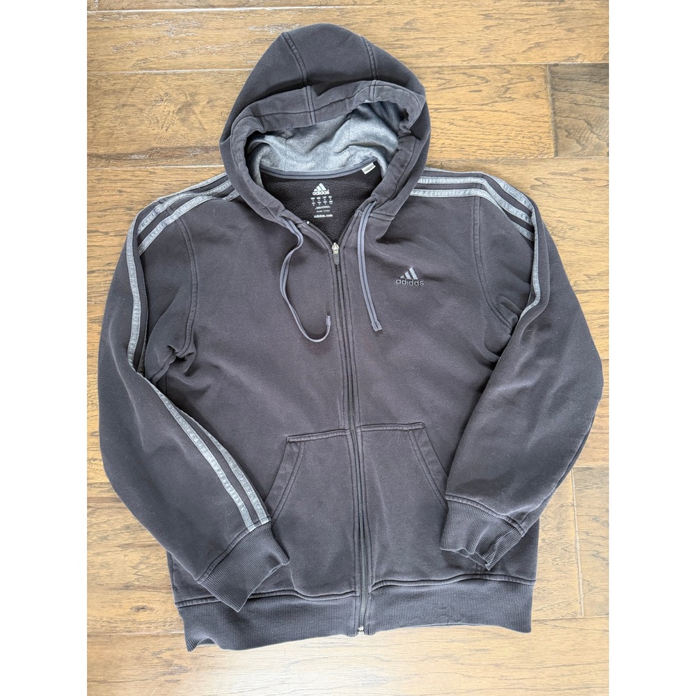 Adidas Mens Full Zip Hoodie Black Grey 3-Stripe Fleece Sweatshirt Size M